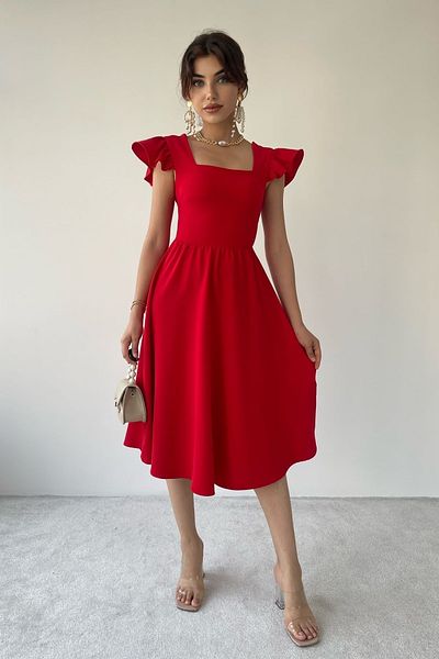 barış sülün lovebox Atlas Fabric Sleeve Detailed Square Neck Midi Length Evening Dress Red Engagement Dress 125