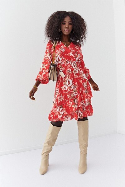 fasardi Beli Büzgü Detaylı Desenli Mini Elbise