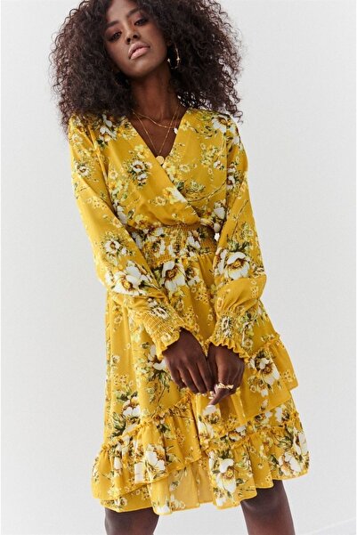 fasardi Beli Büzgü Detaylı Desenli Mini Elbise