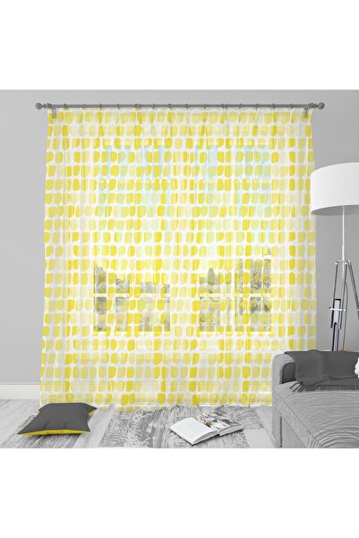 Alacastore Sulu Boya Desen Sarı-mavi-pembe-gri Renk Keten Görünümlü Tül Perde