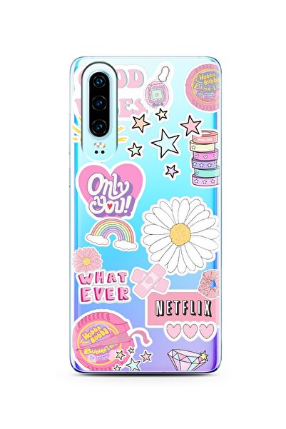 Spoyi Huawei P30 Pink Sticker Tasarımlı Süper Şeffaf Telefon Kılıfı