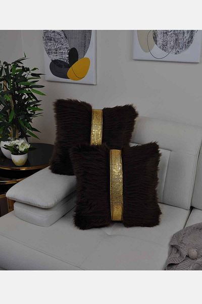 Paris Life Plush Square Striped Throw Pillow Cover - Brown
