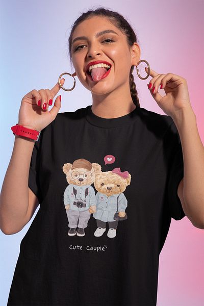 SUNFREE Teddy Cute Couple εμπριμέ μαύρο μπλουζάκι Oversize