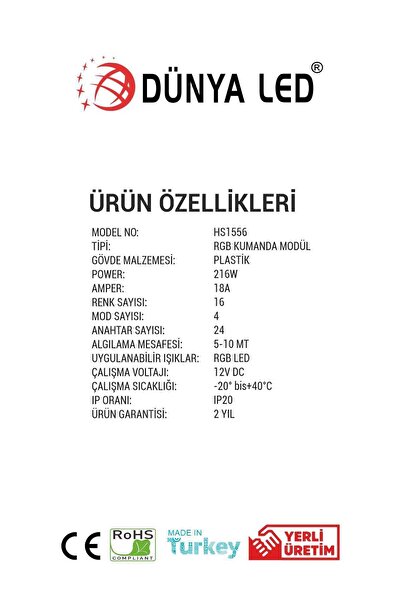 DÜNYA LED 18 Amper 216w Rgb Kumanda Modül Dokunmatik