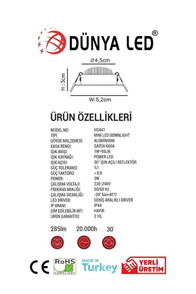 DÜNYA LED Hs.441/3 3w Mini Led Downlıght 3000k Günışığı Drıver Hediye