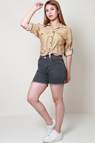 Freeista Kadın Füme Püsküllü Mini Denim Şort