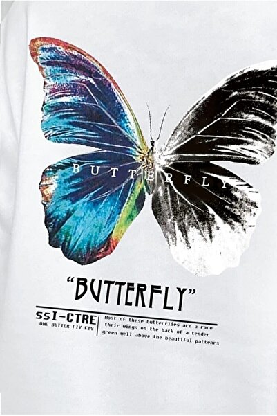 MODAGEN Hanorac alb oversize cu imprimeu fluture fluture pentru damă