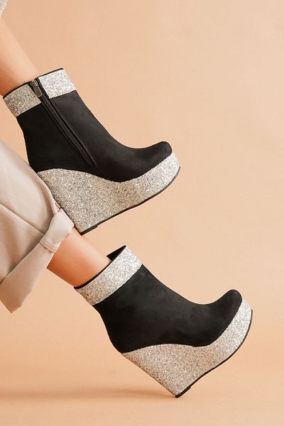 Ayakkabı Ateşi Daina Black Suede - Γυναικείες μπότες με τακούνι με ασημί Glitter
