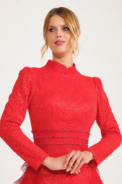 SpringStore Rochie de seara Hijab cu guler rosu