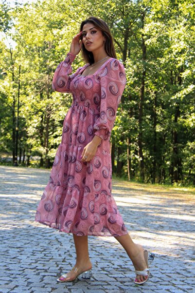 Neşeli Butik Kadın Pudra Gipeli Kare Yaka Desenli Şifon Elbise Nb100361