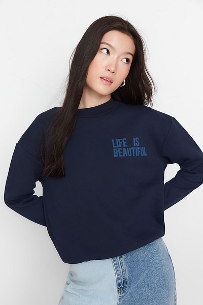 Trendyol Collection Sötétkék dombornyomott nyomtatott laza vastag polár belül kötött pulóver TWOAW23SW00140