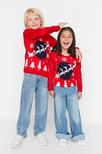 TRENDYOLKIDS Pulover tricot unisex jacquard roșu pentru copii