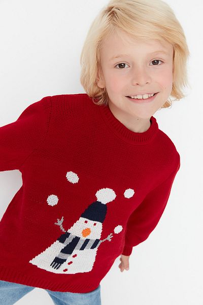 TRENDYOLKIDS Piros hóember Jacquard uniszex gyerek kötöttáru pulóver
