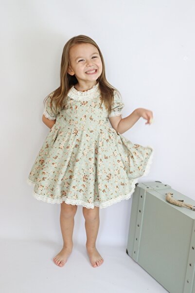 COLORED BABY فستان فينتاج مبطن بالقطن مزين بالدانتيل ومزين بالدانتيل للفتيات