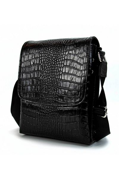 KANGAROO KINGDOM Men's Messenger Bag - Large Size, Crocodile Crocodile Genuine Calf Leather, Black 3122-cs