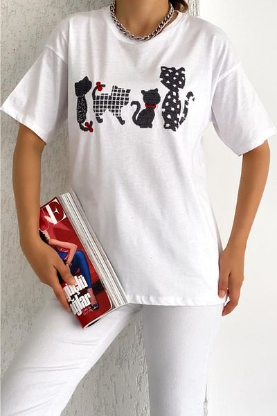 FEMELLE Tricou de damă, cu gât crew, pisică, cu paiete, brodat din nou sezon