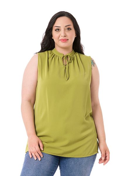 DISENTIS MODEST Plus Size Tie-Up Collar Stand Collar Side Slit Flowy Sleeveless Green Blouse