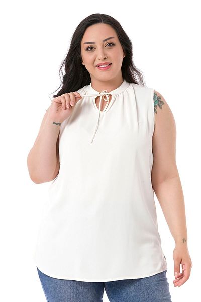 DISENTIS MODEST Plus Size Tie-Up Collar Stand Collar Side Slit Flowy Sleeveless White Blouse