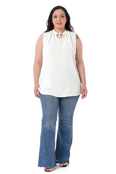 DISENTIS MODEST Plus Size Tie-Up Collar Stand Collar Side Slit Flowy Sleeveless White Blouse