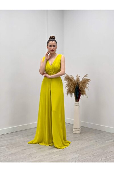 giyimmasalı Chiffon Crepe Fabric Jumpsuit Dress Yellow