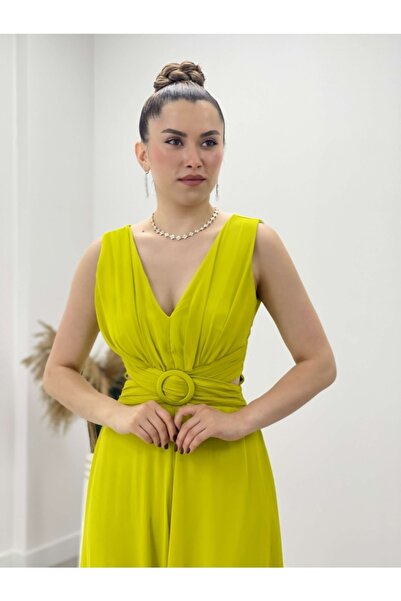 giyimmasalı Chiffon Crepe Fabric Jumpsuit Dress Yellow