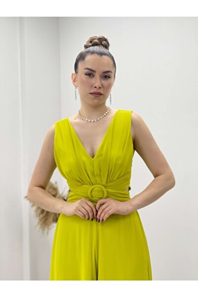 giyimmasalı Chiffon Crepe Fabric Jumpsuit Dress Yellow