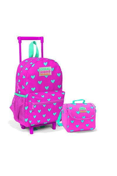 Coral High Set de genți cu model de inimă roz neon și verde apă - două compartimente