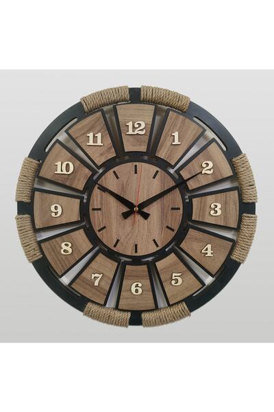enmalife Lüks Dekoratif Ahşap Siyah Duvar Saati Hasır - Jüt Ipli