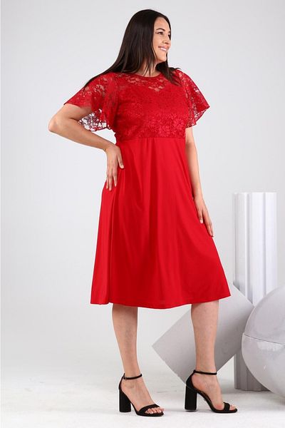 Şirin Butik Women's Red Lace Detailed Sandy Fabric Plus Size Dress