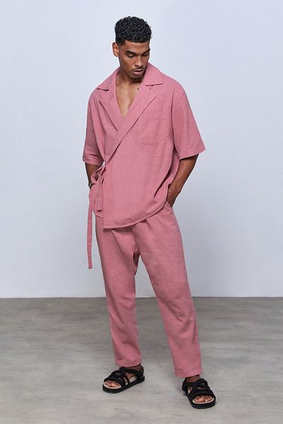 Dear Deer Pastel Pink Linen Men's Double Breasted Jacket Trousers Suit