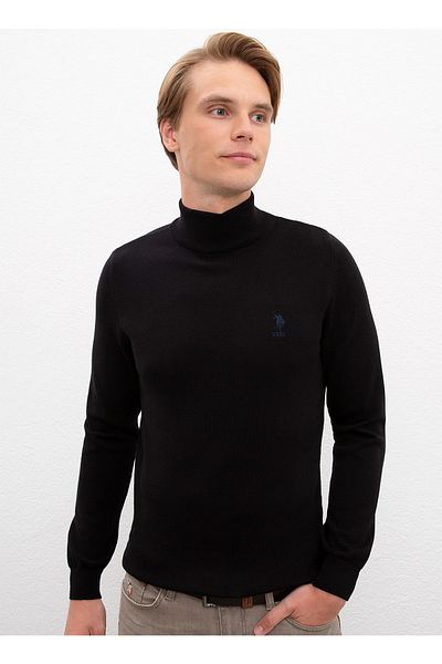 U.S. Polo Assn. Pulover pentru bărbați cu guler clasic, negru