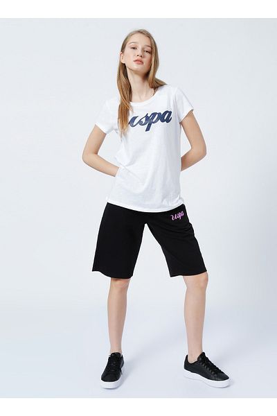 U.S. Polo Assn. Bean-ıy22 Tricou de damă alb cu imprimeu standard cu gât turnu