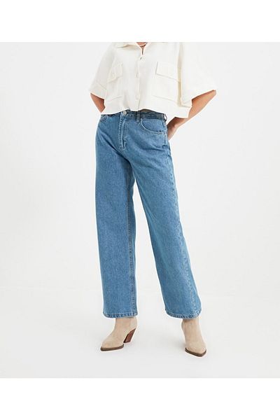 LİMABEL Lycra Blue Snow Wash Pantaloni de damă cu talie înaltă cu picioare largi