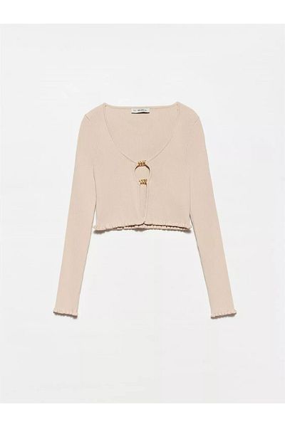 Dilvin Ecru U-Neck Cardigan with Accessories on the Front