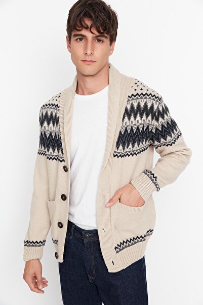 Trendyol Collection Beige Jacquard Slim Fit Knitwear Cardigan - TMNAW20HI0034