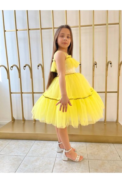 shopland Evening Dress Skirt Tutu Detailed Glitter Stripe Tasseled Children's Birthday Dress