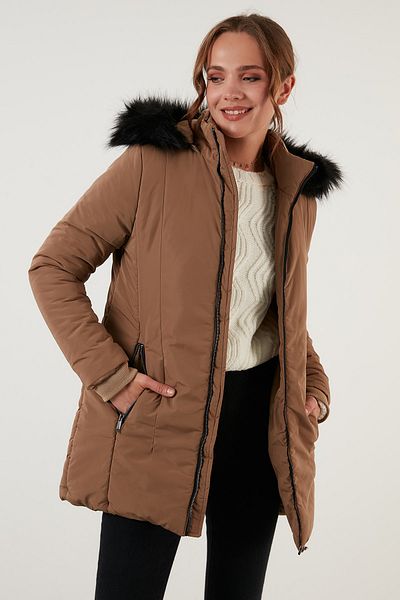 Lela Women's Camel Collar Faux Feather Detachable Hooded Coat 497Defne21