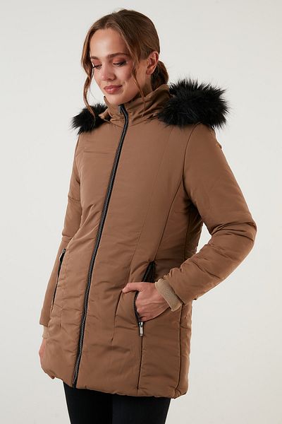Lela Women's Camel Collar Faux Feather Detachable Hooded Coat 497Defne21