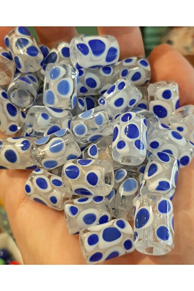 MURANO CAM BONCUK ATÖLYESİ Şeffaf Üzeri Beyaz Ve Mavi Noktalı Silindir 5 Adet...