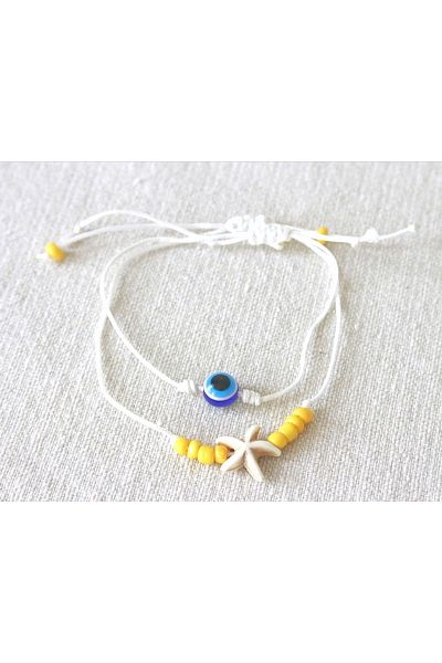 Roe takı aksesuar Women's Evil Eye Bead and Starfish 2-Piece Anklet Bracelet
