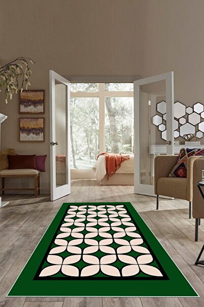 on the clouds Yeşil Zemin Siyah Çerçeve Geometrik Yıkanabilir Kaymaz Taban Le...