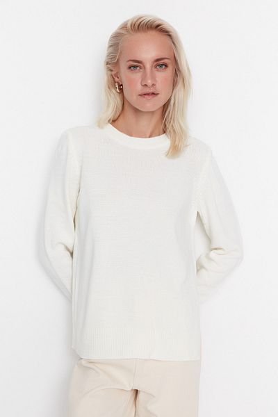 Trendyol Collection Detailní pletený svetr Ecru s rozparkem TWOAW23KZ01488