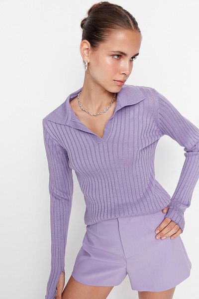 Trendyol Collection Lila ujjú, részletes pólógalléros kötöttáru pulóver TWOAW21KZ1113
