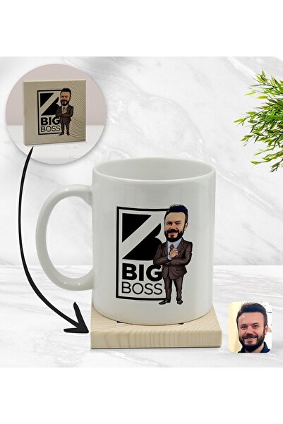 Bk Gift Kişiye Özel Erkek Big Boss Karikatürlü Beyaz Kupa Bardak Ve Ahşap Bar...