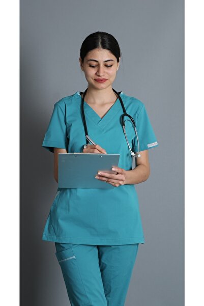 almesta V Yaka File Detaylı Likralı Doktor Hemşire Cerrahi Takım Üniforma