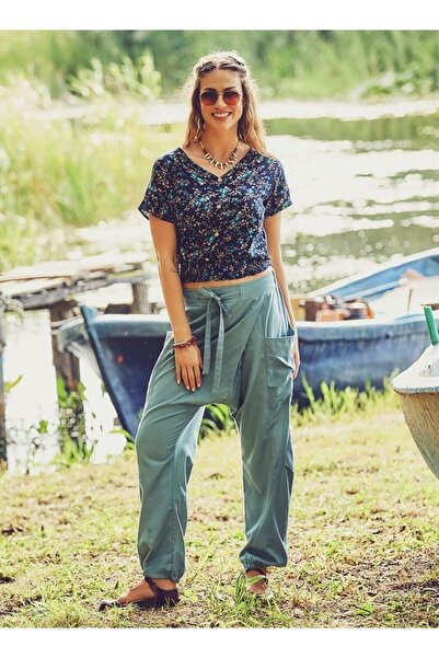 Bohemian Double Breasted Lace Elastic Leg Blue Salvar Trousers