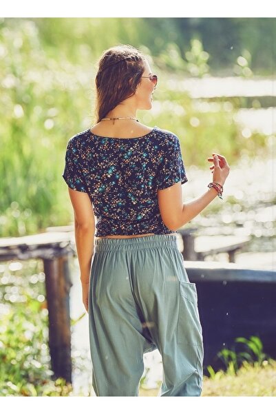 Bohemian Double Breasted Lace Elastic Leg Blue Salvar Trousers