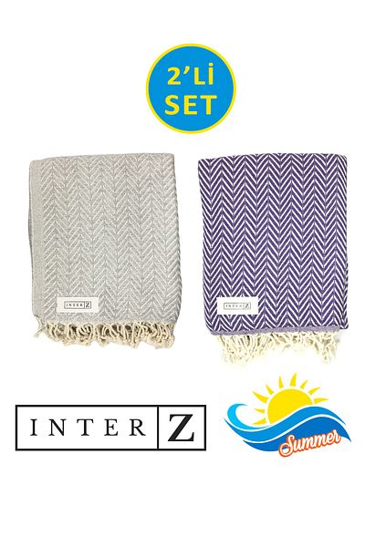 INTER Z Σετ 2 πετσέτες παραλίας Peshtemal, 100% βαμβάκι, Xxl 100x180cm, Marmaris, Γκρι Μωβ