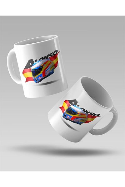 FANBOX SHOP كوب قهوة أبيض مطبوع عليه خوذة فرناندو ألونسو