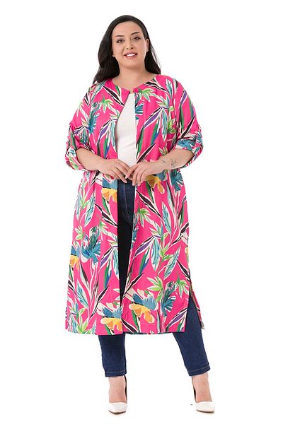 DISENTIS MODEST جاكيت نسائي فوشيا مقاس كبير - رقبة دائرية، أكمام مطوية، جيب منقسم، وغير مبطن